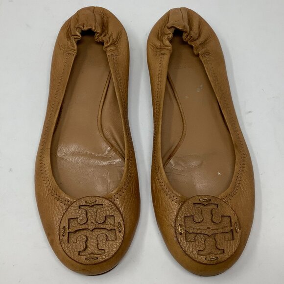 Tory Burch ballet flats elastic ankle brown tan logo 9 *size worn off* pre-worn - Picture 1 of 6